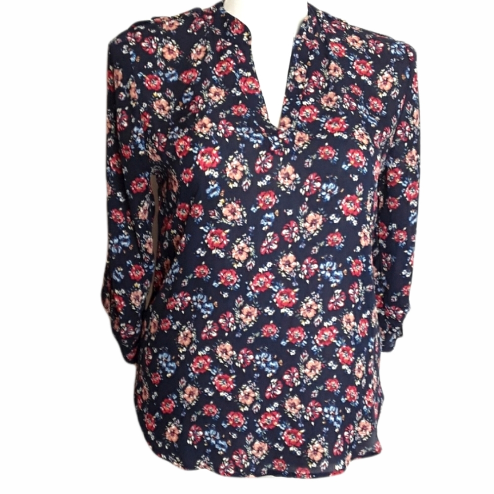 Liberty Love Navy Blue Floral Mandarin Neckline Polyester BLOUSE EUC sz M